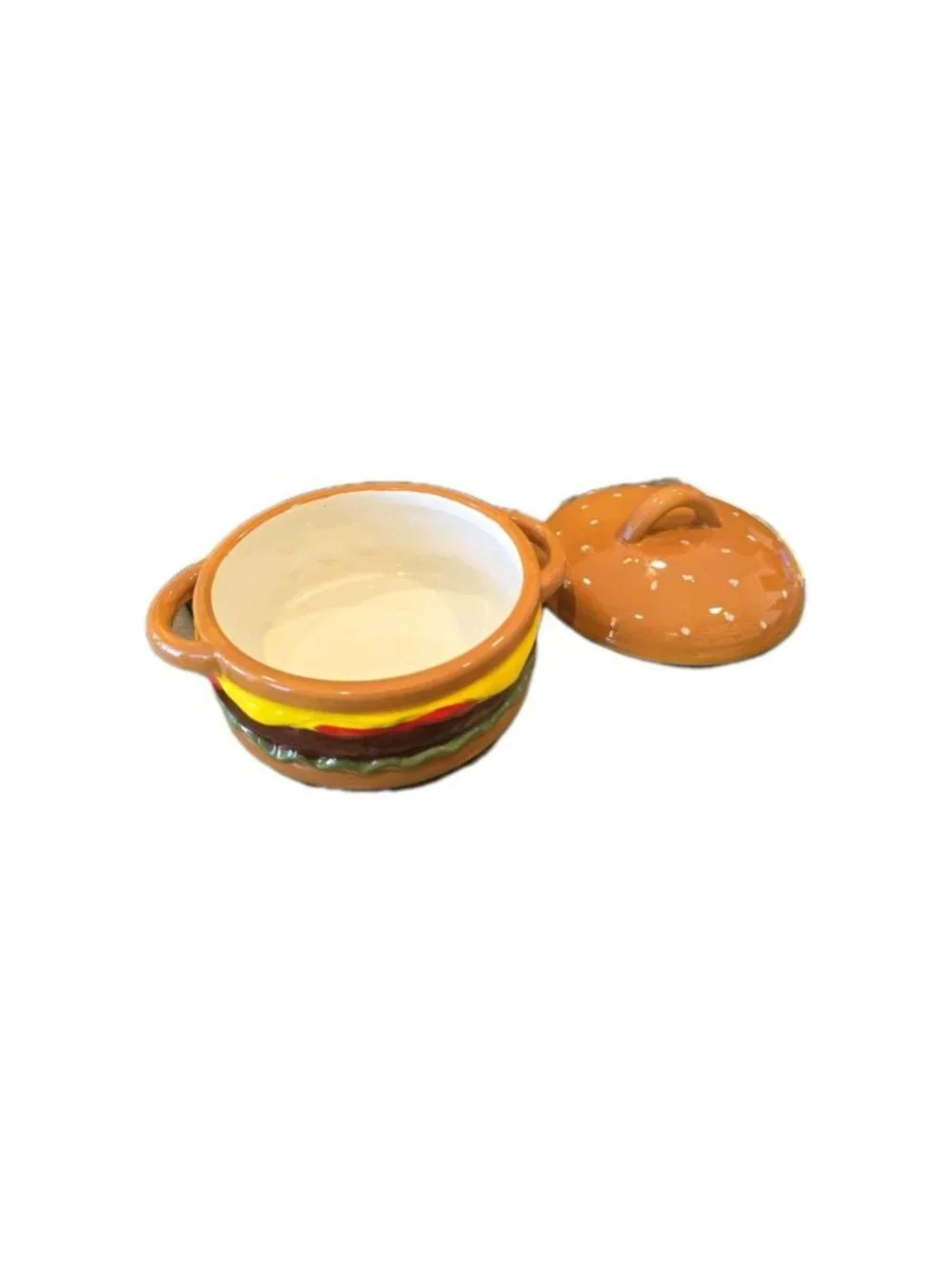 New Brown Ceramic Cheeseburger Mini Baker W/ Spreader Party BBQ Kitchen